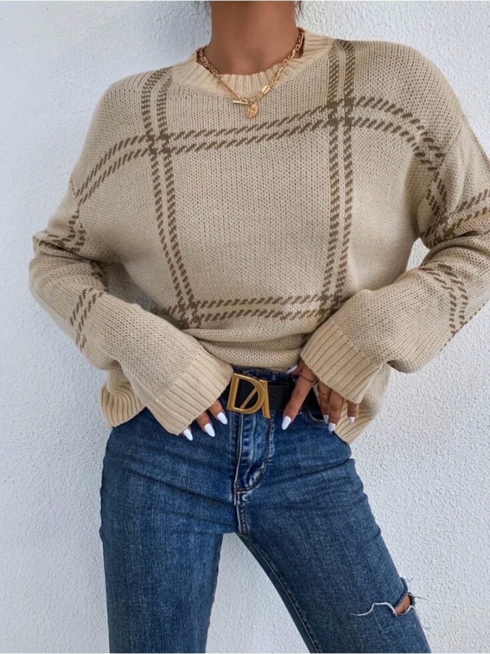 SHEIN Beige Plaid Crewneck Sweater